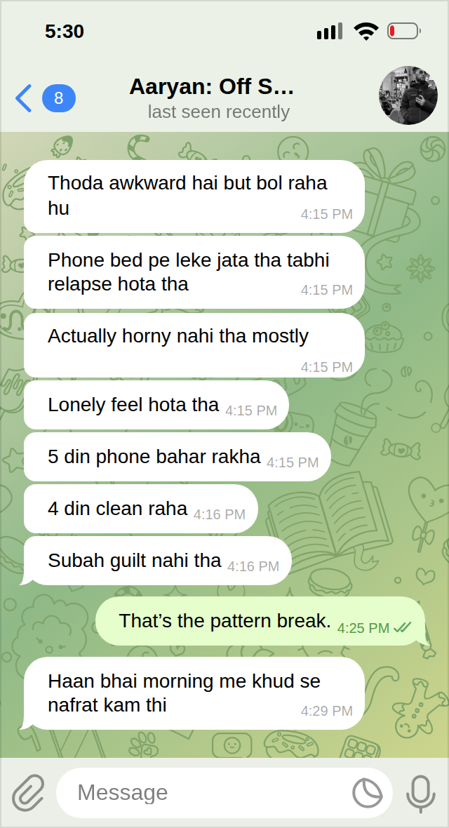 Client message about breaking the phone-in-bed relapse pattern