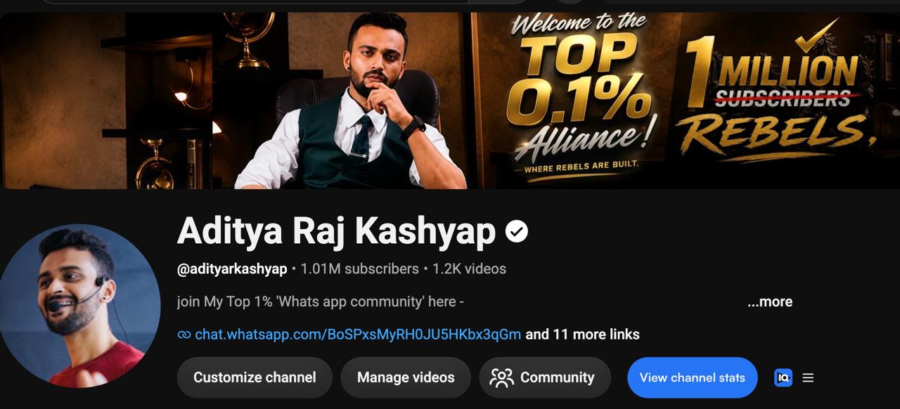 Aditya Raj Kashyap YouTube channel with 1M+ subscribers